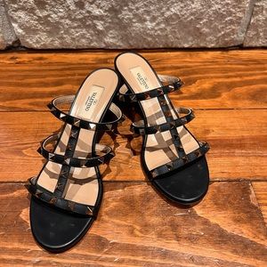 Valentino Rockstud Black Calfskin Leather Slide Sandal with Gold studs size 7